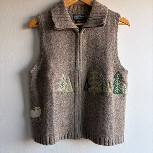 Woolrich Khaki Brown Wool Zip-Front Vest with Forest Embroidery